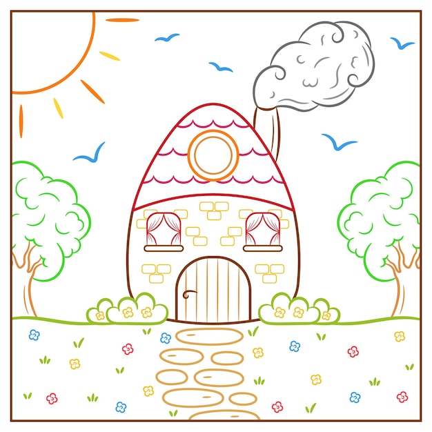 casa de dibujos animados con contorno de color página de colorear para niños para completar colorear