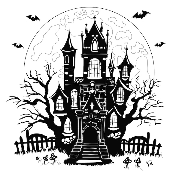 Casa embrujada contra una luna llena Ilustración vectorial para Halloween