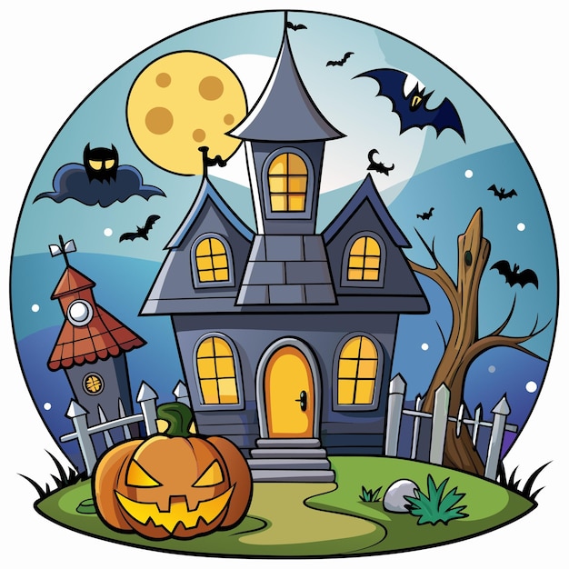 Casa embrujada espeluznante con decoraciones de Halloween y fondo de luna llena