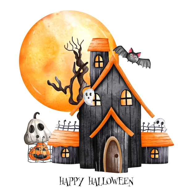 Casa embrujada de Halloween con luna llena Ilustración de vector de acuarela de feliz HalloweenxDxA