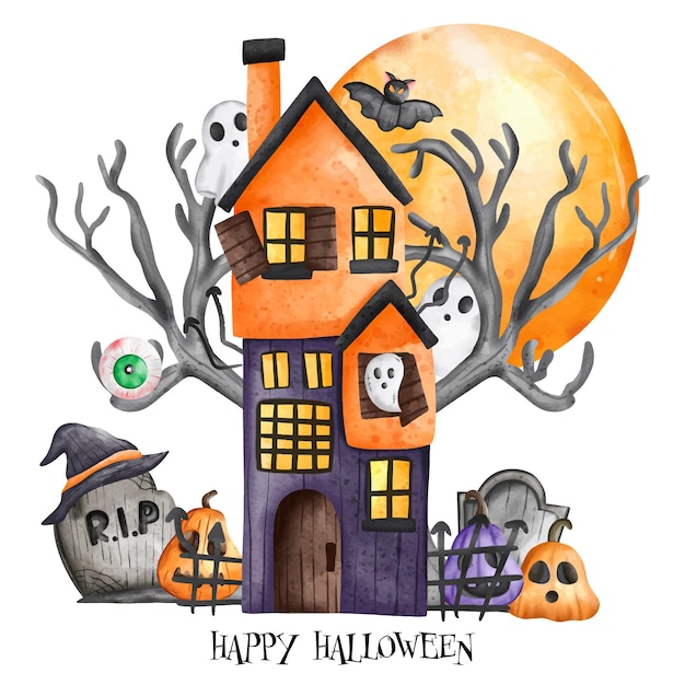 Casa embrujada de Halloween con niños calabaza y luna llena Elemento de Halloween Decoración de HalloweenxDxA