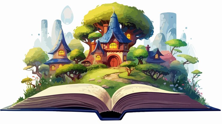 Vector casa encantadora del cuento de hadas en ilustración de libro abierto