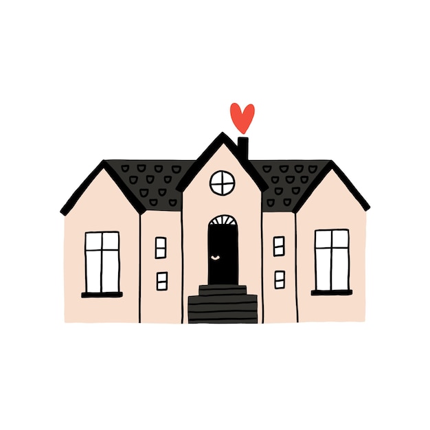 Casa encantadora dibujada a mano con la ilustración del símbolo del corazón