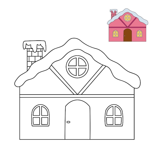 Casa encantadora temporada de invierno página de colorear para niños vector de ilustración