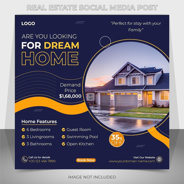 Casa de ensueño de bienes raíces en alquiler venta diseño de plantilla de publicación de instagram de redes sociales