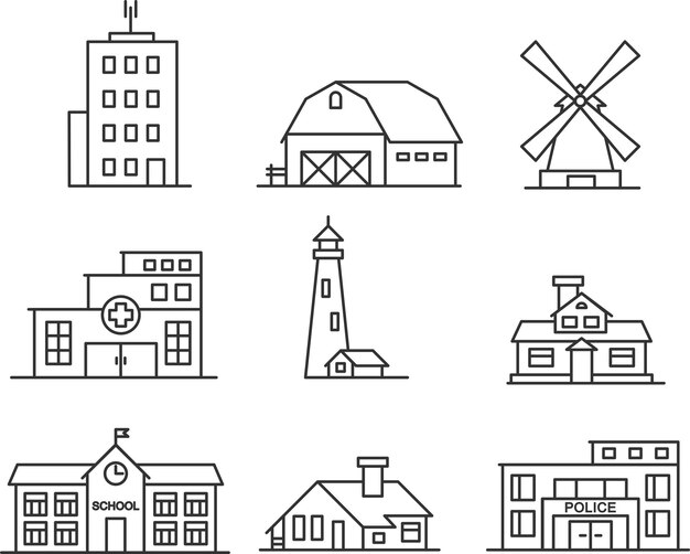 Casa, escuela, hospital, policía, molino de viento, iconos de edificios de faro establecidos en estilo de línea