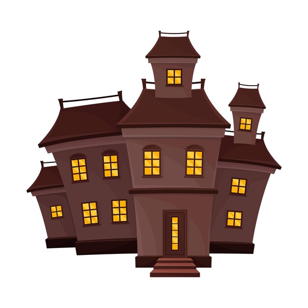 Casa espeluznante marrón con una pequeña torre en la ilustración vectorial del techo