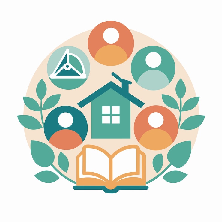 Vector una casa está rodeada por una colección de libros y hojas caídas sala de estar minimalista con colores neutrales y formas geométricas