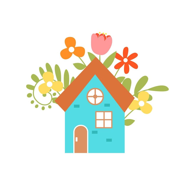 La casa está rodeada de flores de colores. Ilustración vectorial para postales de diseño.