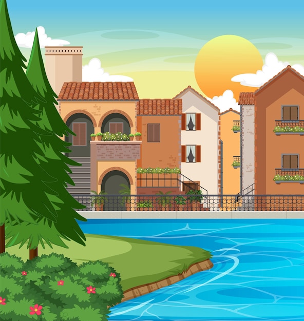 Casa de estilo de ciudad de Italia y paisaje de construcción