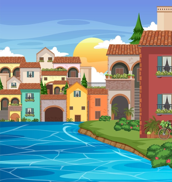 Vector casa de estilo de ciudad de italia y paisaje de construcción