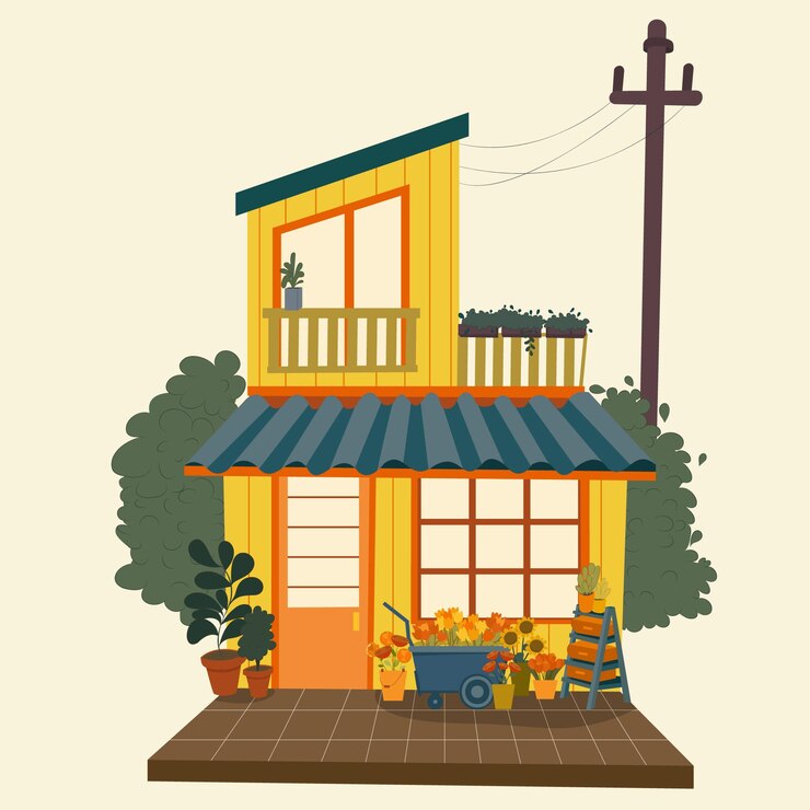 Casa de estilo japonés con una tienda en el primer piso