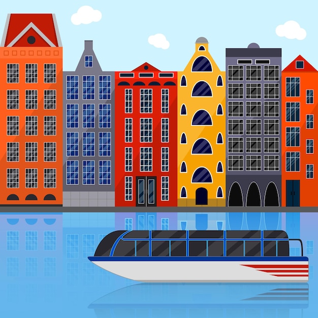 Casa europea. estilo plano. barco turístico. el reflejo en el agua. yate en el canal de la ciudad. edificio creativo. ilustración vectorial.