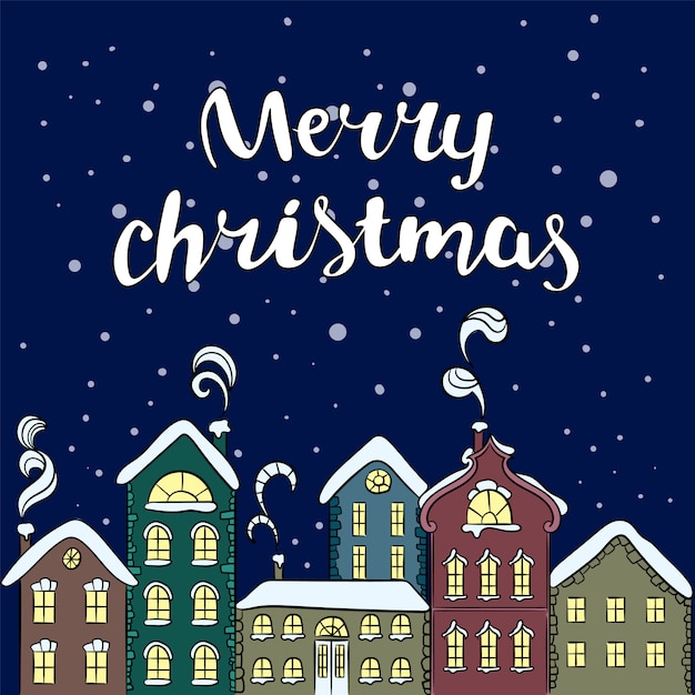 Casa europea multicolor. Tarjeta de Navidad. Año Nuevo y Navidad. ilustración para una tarjeta o póster.