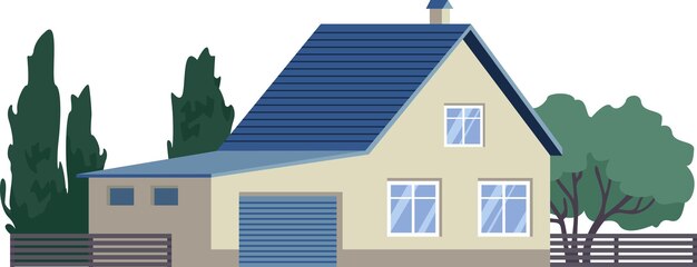 Casa familiar suburbana simple cabaña residencial bienes raíces edificio de campo exterior fachada de la casa con jardín y césped verde ilustración vectorial aislada