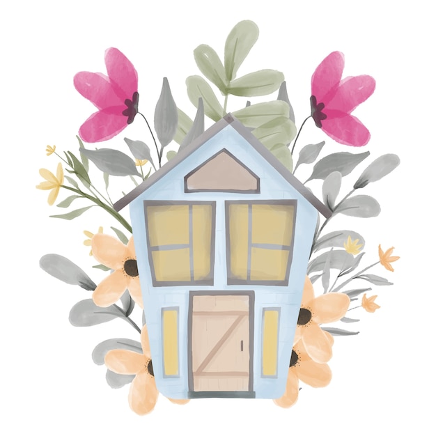 Vector casa floral pintada a mano de acuarela para ilustración hogareña