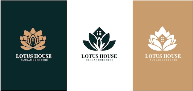 Casa de flores de loto de hojas diseño de logotipo de casa conjunto plantilla vectorial
