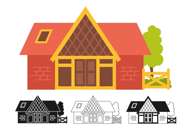 Casa frente plano dibujos animados grabado sello doodle diseño pueblo fachada urbana moderno edificio acogedor