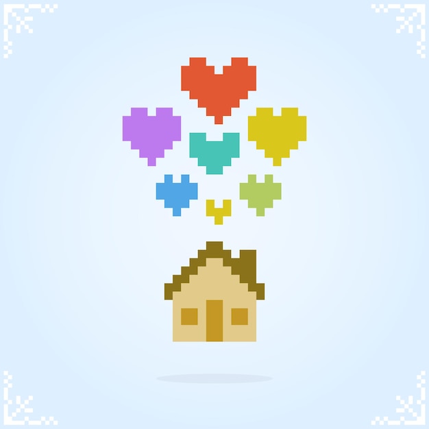 Casa con globos en forma de corazón en arte de píxeles de 8 bits para activos de juego y patrón de punto cruzado