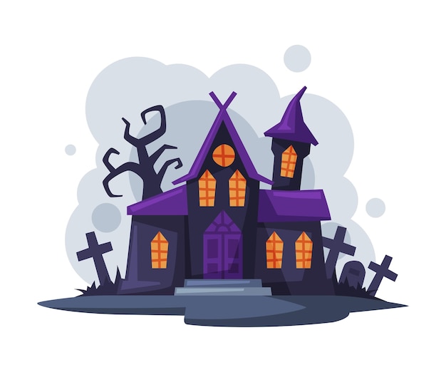 Casa gótica aterradora, mansión embrujada de Halloween, ilustración vectorial al estilo de dibujos animados sobre un fondo blanco