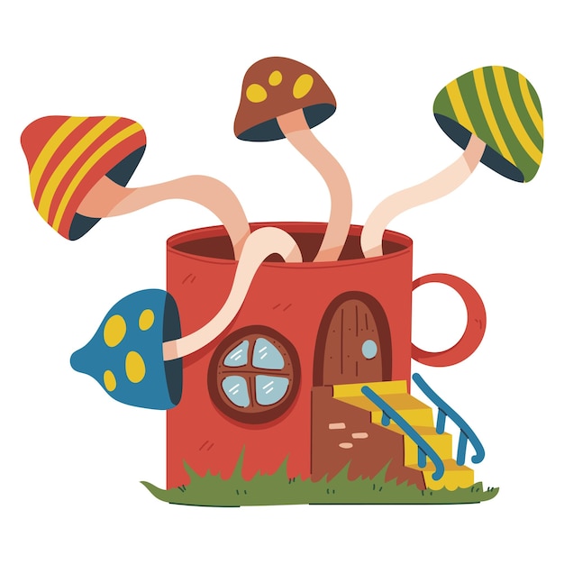 Casa de hadas de taza para gnomo y elfo Ilustración de dibujos animados vectorial aislada en el fondo