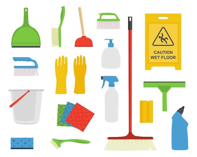 Casa con herramientas de limpieza Iconos de herramientas de limpieza para el hogar