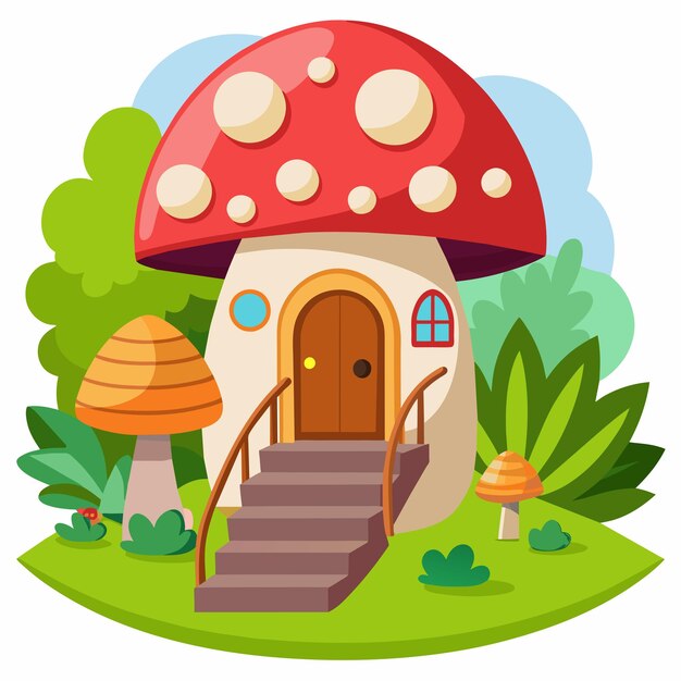 casa de hongos con una escalera que conduce a la ilustración vectorial