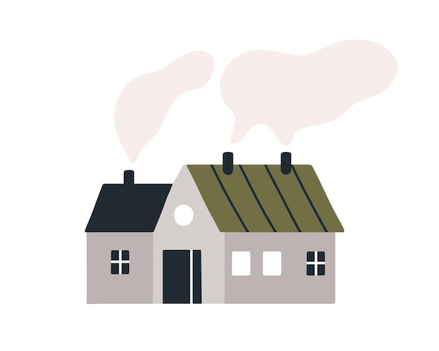 Casa con humo de chimenea. Casa de campo de estilo escandinavo. Fuera del lindo edificio de campo. Pequeña construcción nórdica. Ilustración de vector plano escandinavo aislada sobre fondo blanco.
