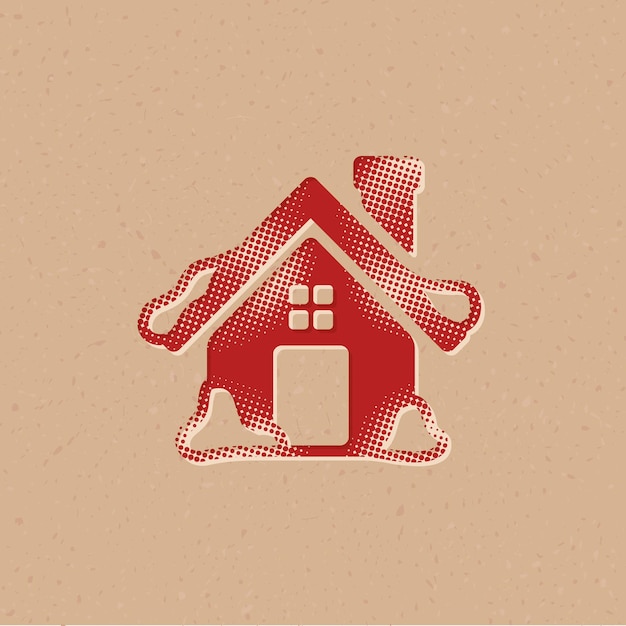 Casa con icono de estilo de semitono de nieve con ilustración de vector de fondo grunge