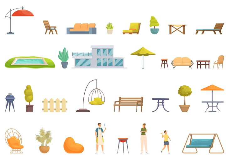 Vector casa con iconos de patio conjunto de dibujos animados vector casa de terraza de madera pequeña silla de la naturaleza