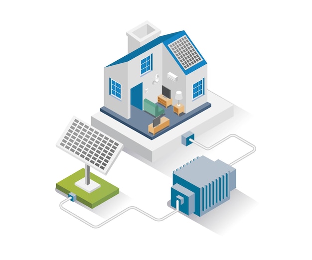 Casa de ilustración de concepto de diseño isométrico con paneles de almacenamiento de energía solar