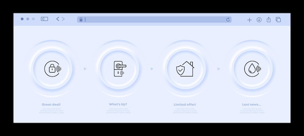 Casa inteligente establecer icono Contraseña de bloqueo sistema de seguridad bóveda segura edificio humidificación control climático wifi Concepto de inteligencia artificial Interfaz de sitio web de neomorfismo Icono de línea vectorial
