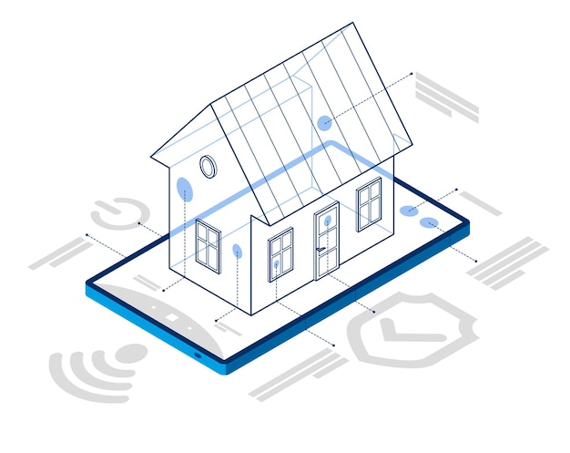 Casa inteligente IOT concepto electrónica casa moderna vector ilustración isométrica, seguridad inteligente, aplicación tecnología futura automatizada distante.