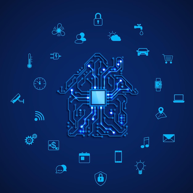 Casa inteligente o concepto IOT Casa inteligente de control remoto Circuito de la casa e iconos de electrodomésticos inteligentes Ilustración vectorial sobre fondo azul