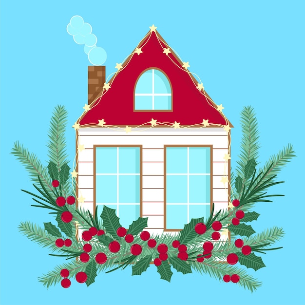 Vector casa de invierno decorada con ramas de abeto, bayas y luces casa festiva de año nuevo y navidad