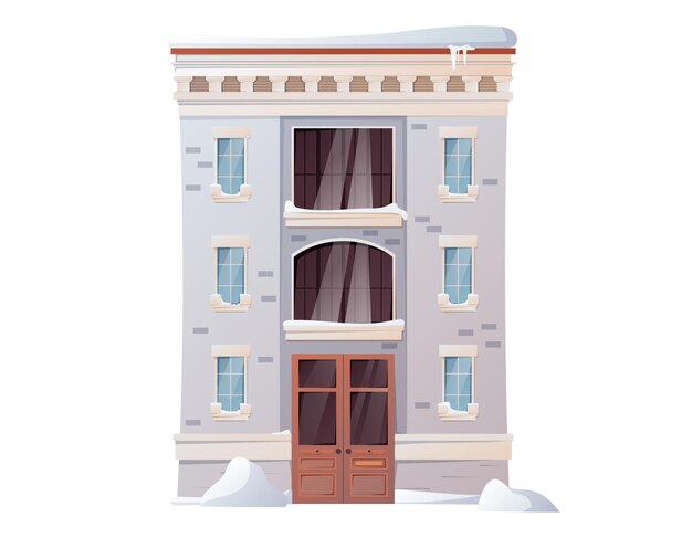 Casa de invierno de dibujos animados aislado edificio arquitectónico moderno cubierto de nieve y nieve