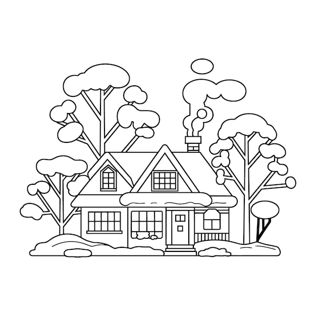 Casa de Invierno de dibujos animados con árboles nevados y diseño de ilustración de humo