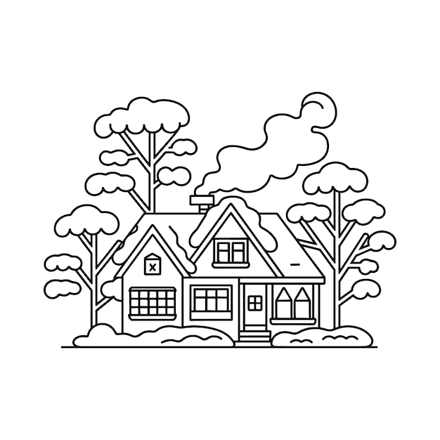Casa de Invierno de dibujos animados con árboles nevados y diseño de ilustración de humo