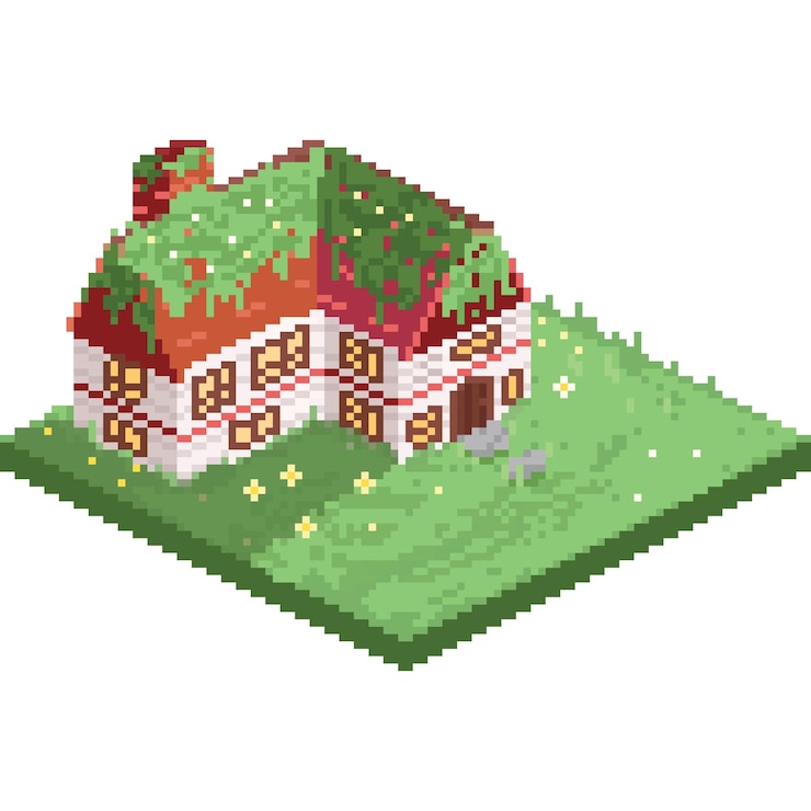 Vector casa de jardín isométrica de dibujos animados de pixel art