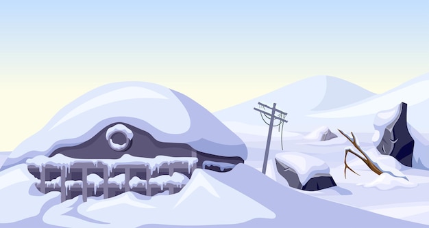 Casa de juegos de dibujos animados de la era del hielo con montañas de nieve Edificio destruido congelado después de la tormenta