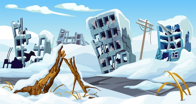 Casa de juegos de dibujos animados de la era del hielo con montañas de nieve Edificio destruido congelado después de la tormenta