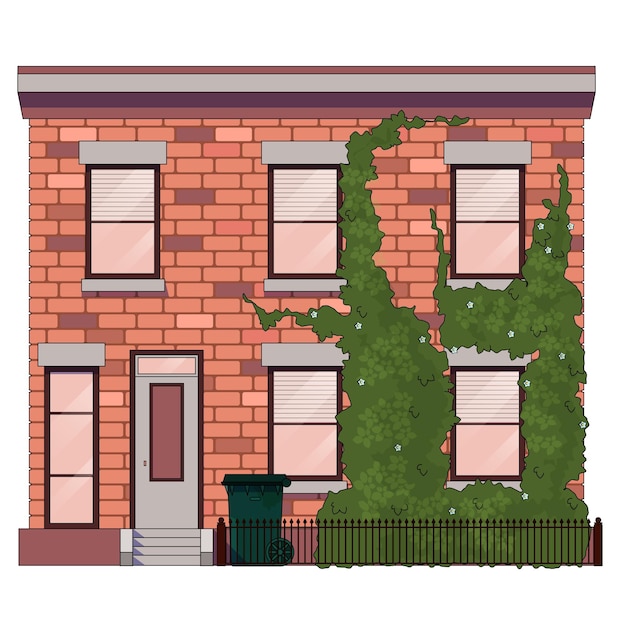 Vector casa de ladrillo con grandes ventanas y vegetación exuberante ilustración vectorial