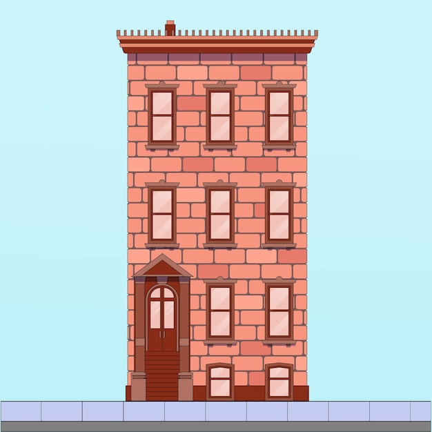 Vector casa de ladrillo de varios pisos contra el cielo azul, ilustración vectorial, el color del edificio es rojo