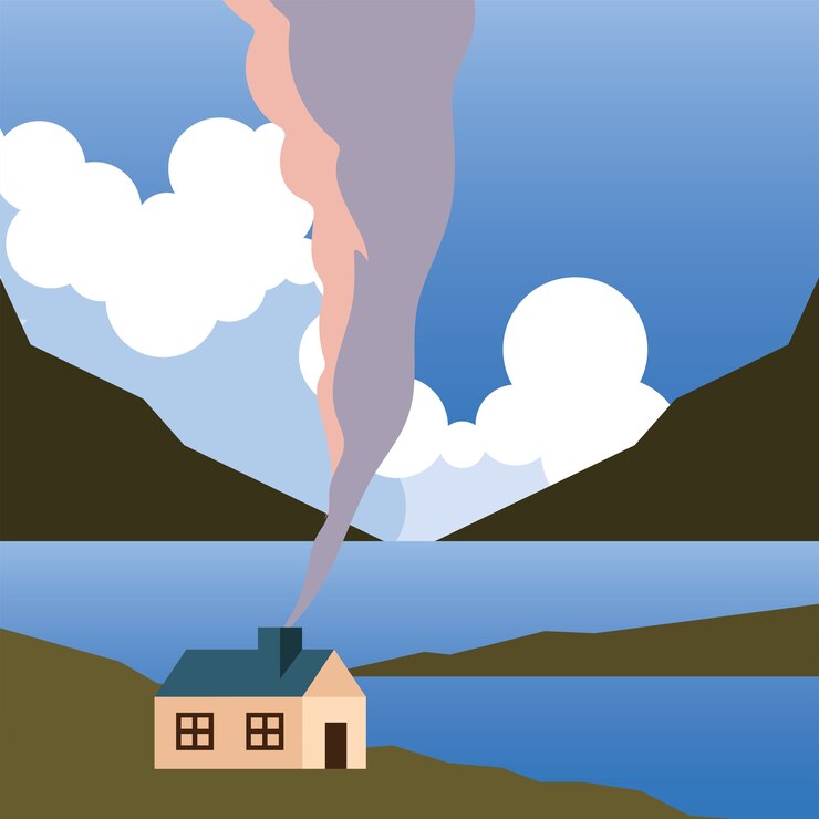 Vector casa en el lago de montaña y diseño de nubes, paisaje, entorno natural y tema al aire libre