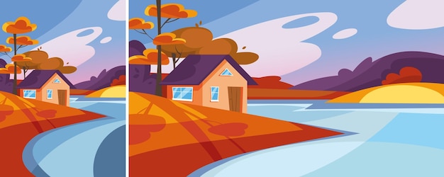 Vector casa en el lago en temporada de otoño