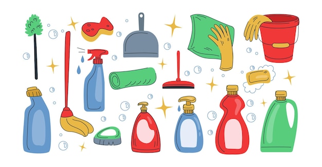 Casa limpia botellas de spray para tareas domésticas cubo de limpieza con guantes suministros para el hogar y detergentes limpieza spray y trapo trapos y esponjas ilustraciones ordenadas de dibujos animados vectoriales