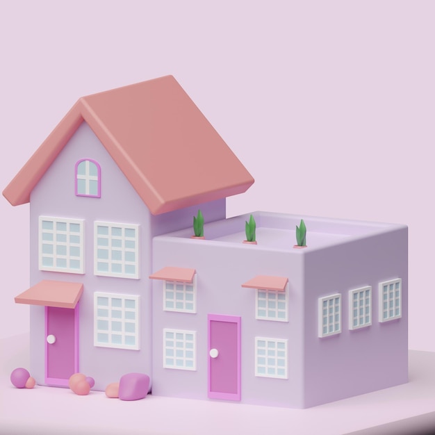 Casa linda o concepto de edificio pequeño Estilo de dibujos animados de objetos 3D realistas