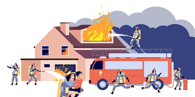 Vector casa en llamas. los bomberos del grupo que luchan apagan la casa en llamas.