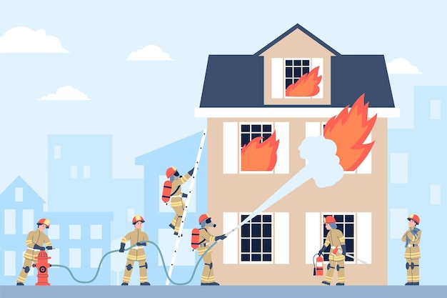 Casa en llamas y bomberos en uniforme lo apagaron. Peligros de incendios y bomberos escalando para el rescate. Personajes de bomberos planos trabajando en la escena vectorial reciente.