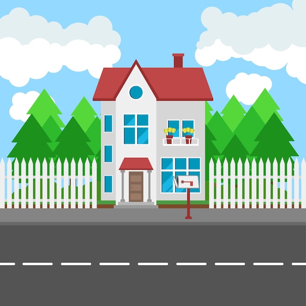 Casa a lo largo de la carretera Parte del paisaje rural y urbano Ilustración vectorial en estilo plano